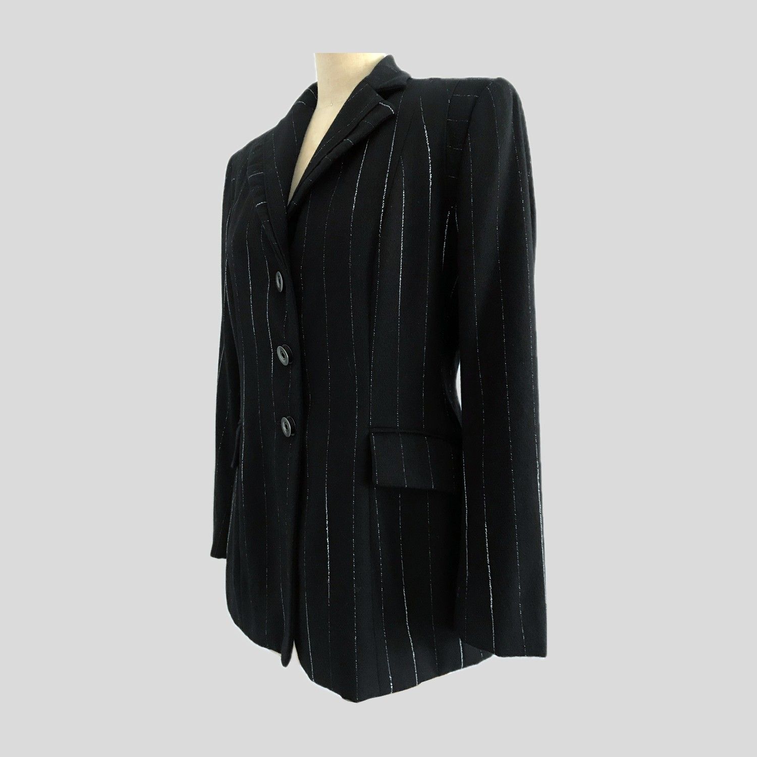 Vintage 2000s Moschino Black Pinstripe Wool Blazer Jacket Womens Size Small